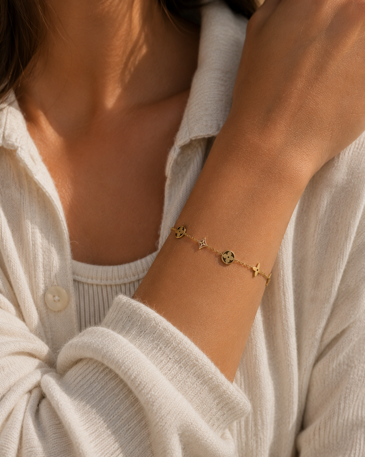 Gold Circle, Flower, and Stud Charm Bracelet