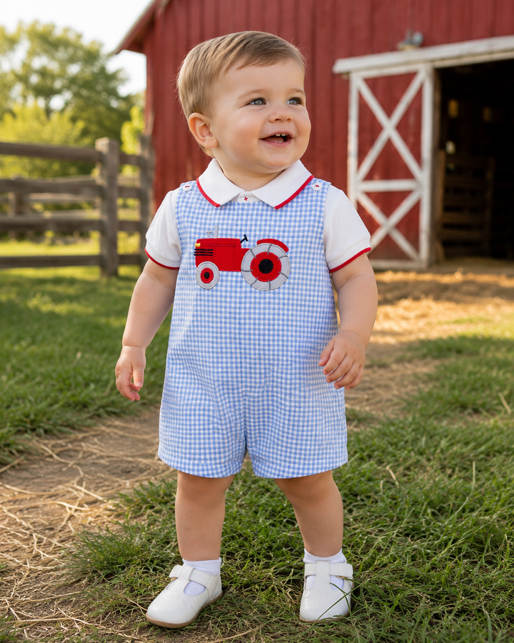 Blue Plaid Romper with Tractor Applique