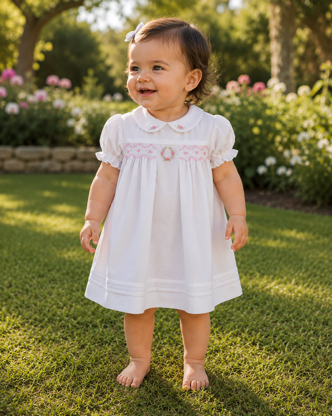 Pink and White Flower Embroidered Smocked Dress