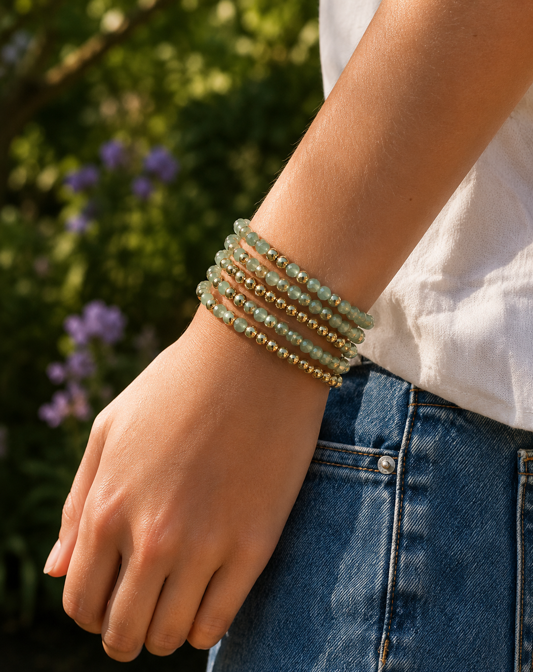 Sage Green and Gold Beaded Bracelet Stack