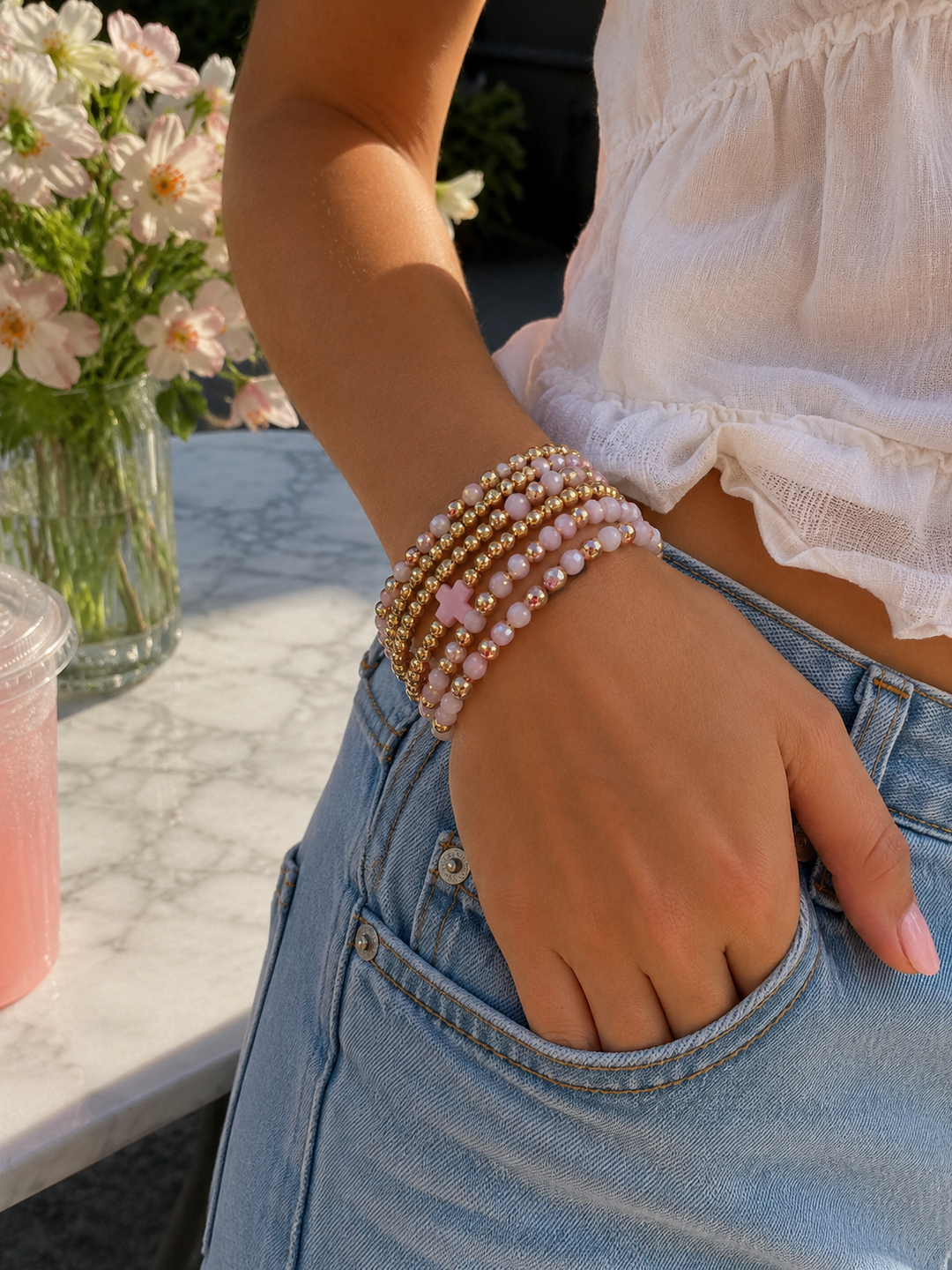 Pink and Gold Beaded Bracelet Stack