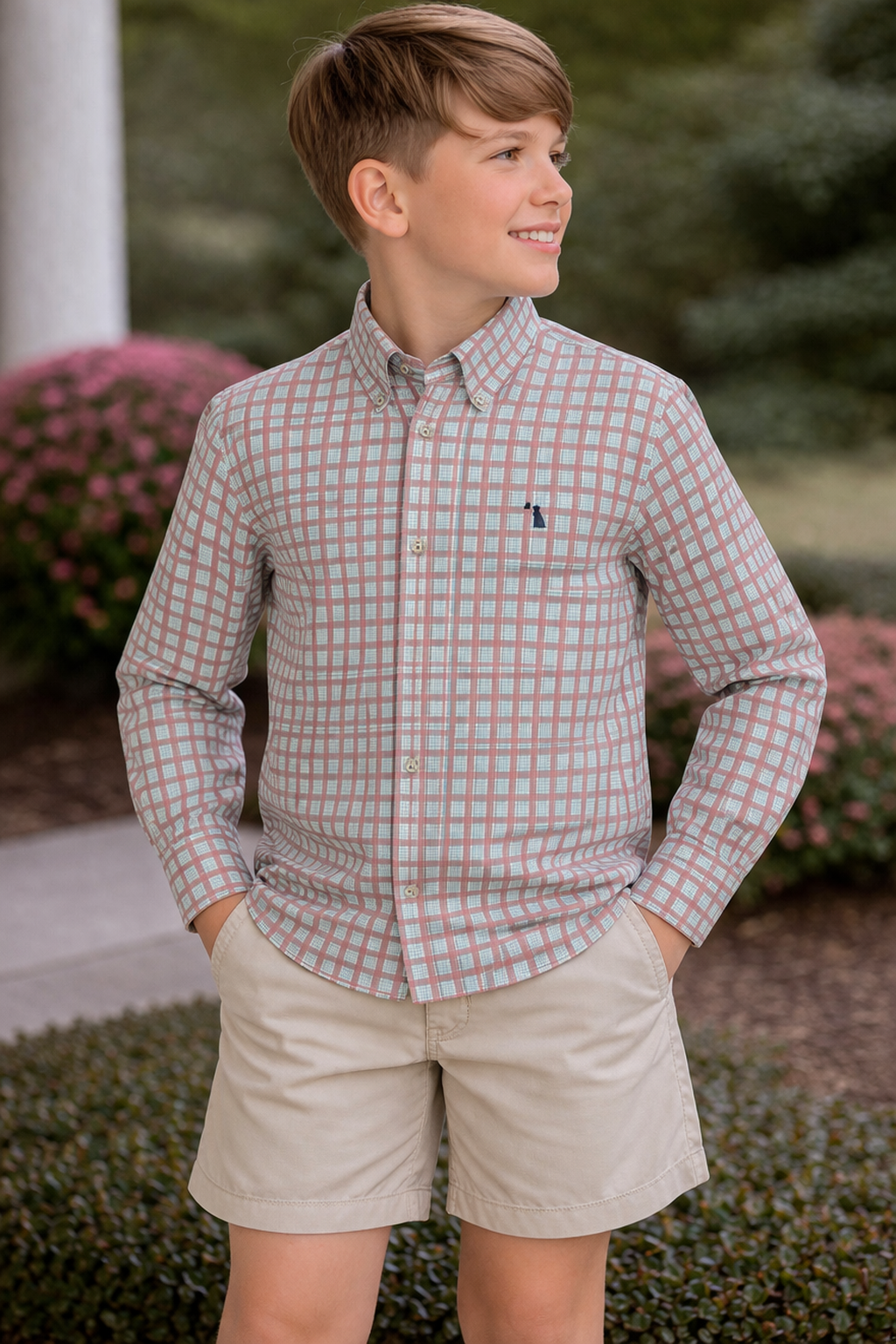 Local Boy Outfitters Youth Faulk Dress Shirt - Salmon/Light Teal/Teal
