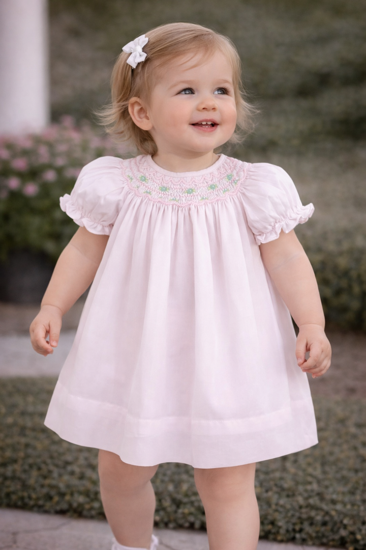 Petit Ami Pink Dress with Hand Bishop Scalloped Smocking
