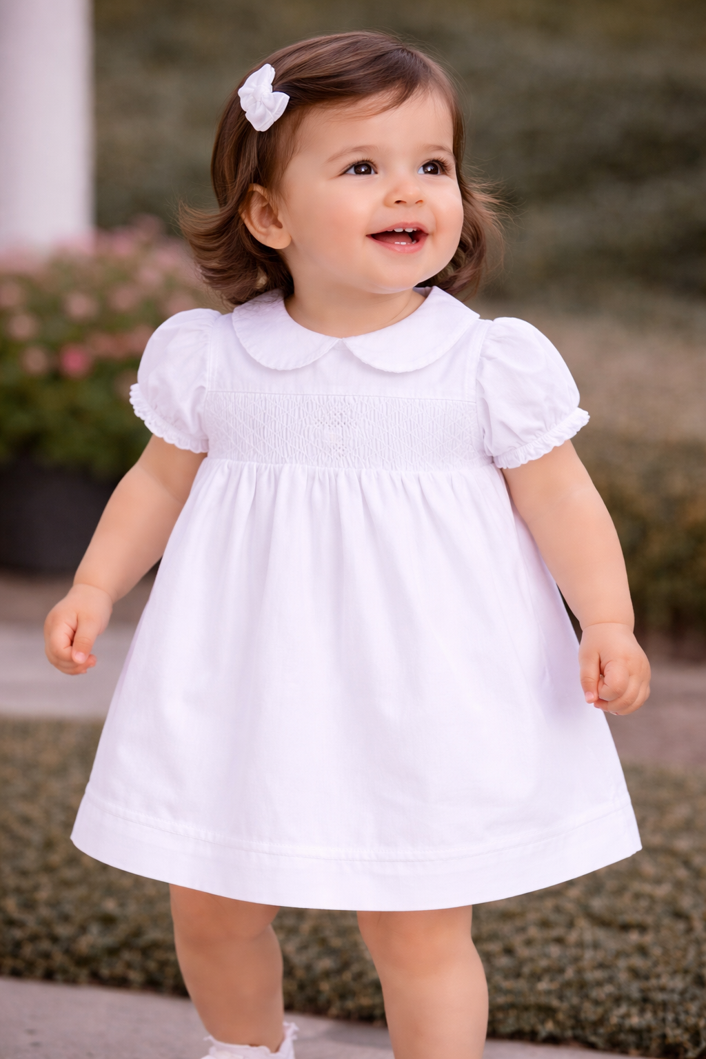 Blessed Smocked Collared Short Sleeve Dress - White