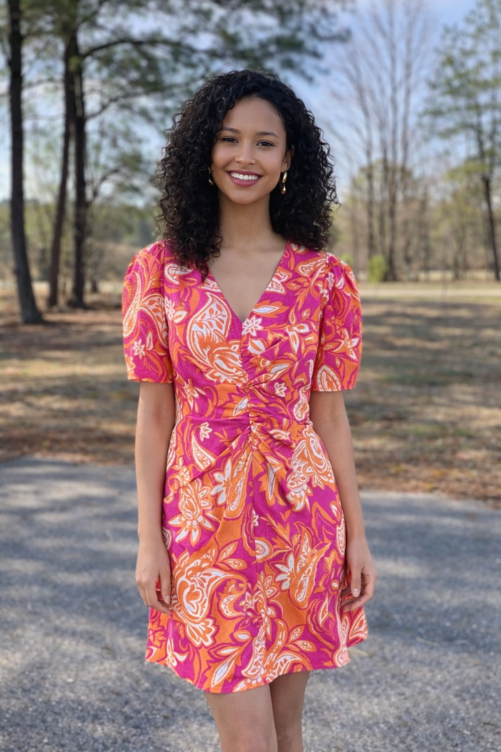 Jade Blossom Swirl Ruched Short Sleeve Dress