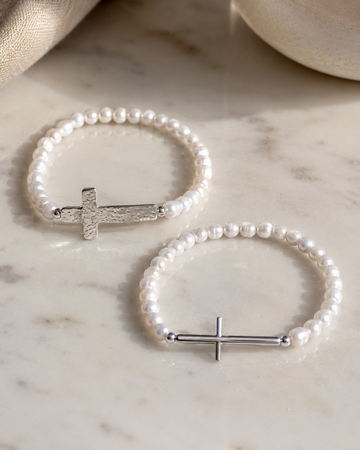 Silver Cross and Pearl Bracelet Set