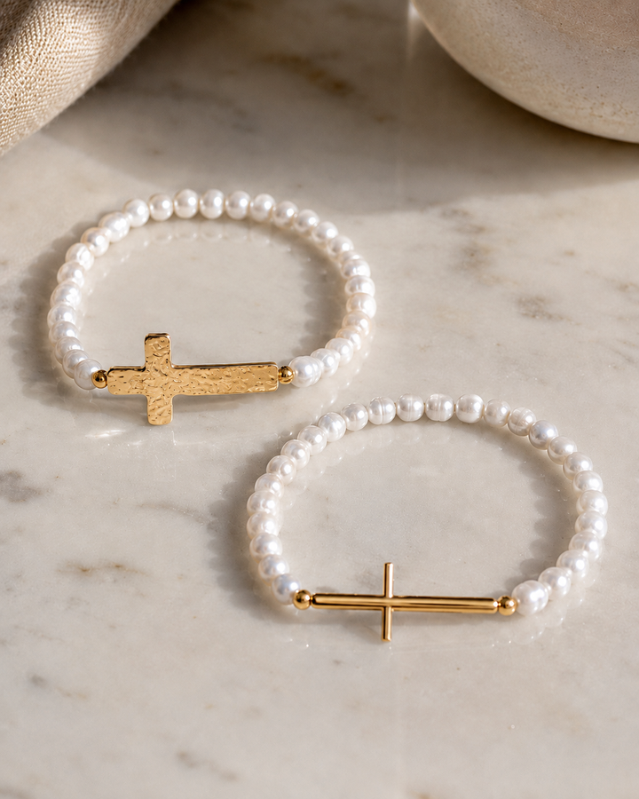 Gold Cross and Pearl Bracelet Set