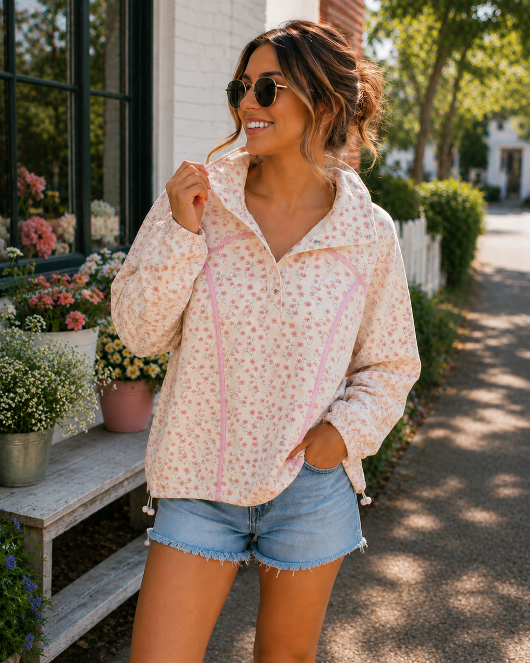 Simply Southern Blush Flower Quarter Snap Collar Pullover