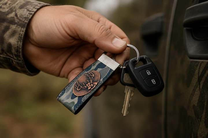 Buck Hunting Old School Camo Leather Loop Keychain