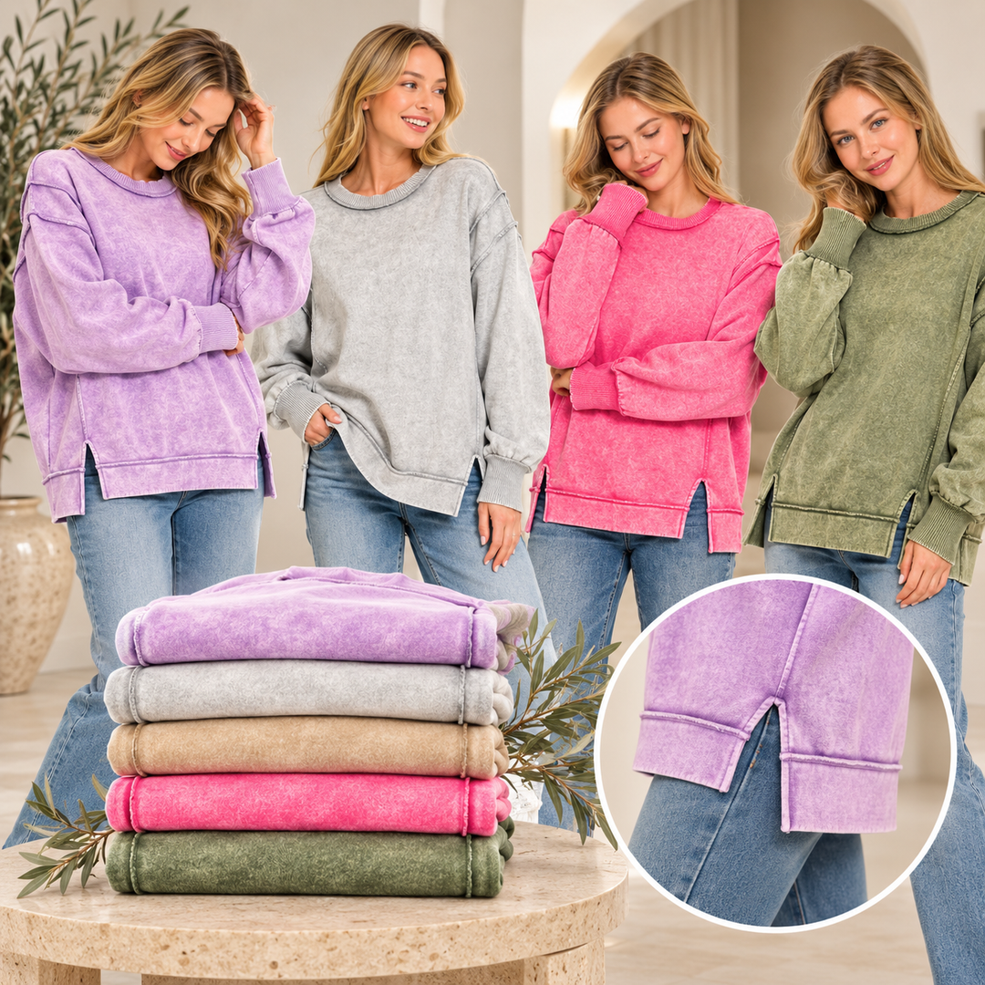Zenana Acid Wash Exposed Seam Fleece Sweatshirt
