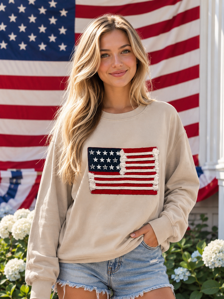 Zenana Sand Beige French Terry American Flag Pullover