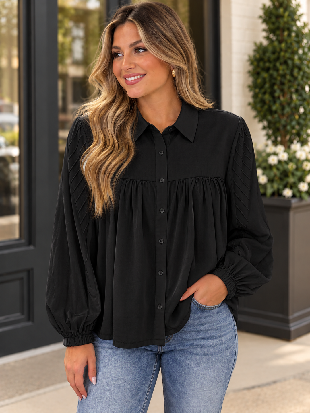 Joy Joy Black Stitched Sleeve Blouse