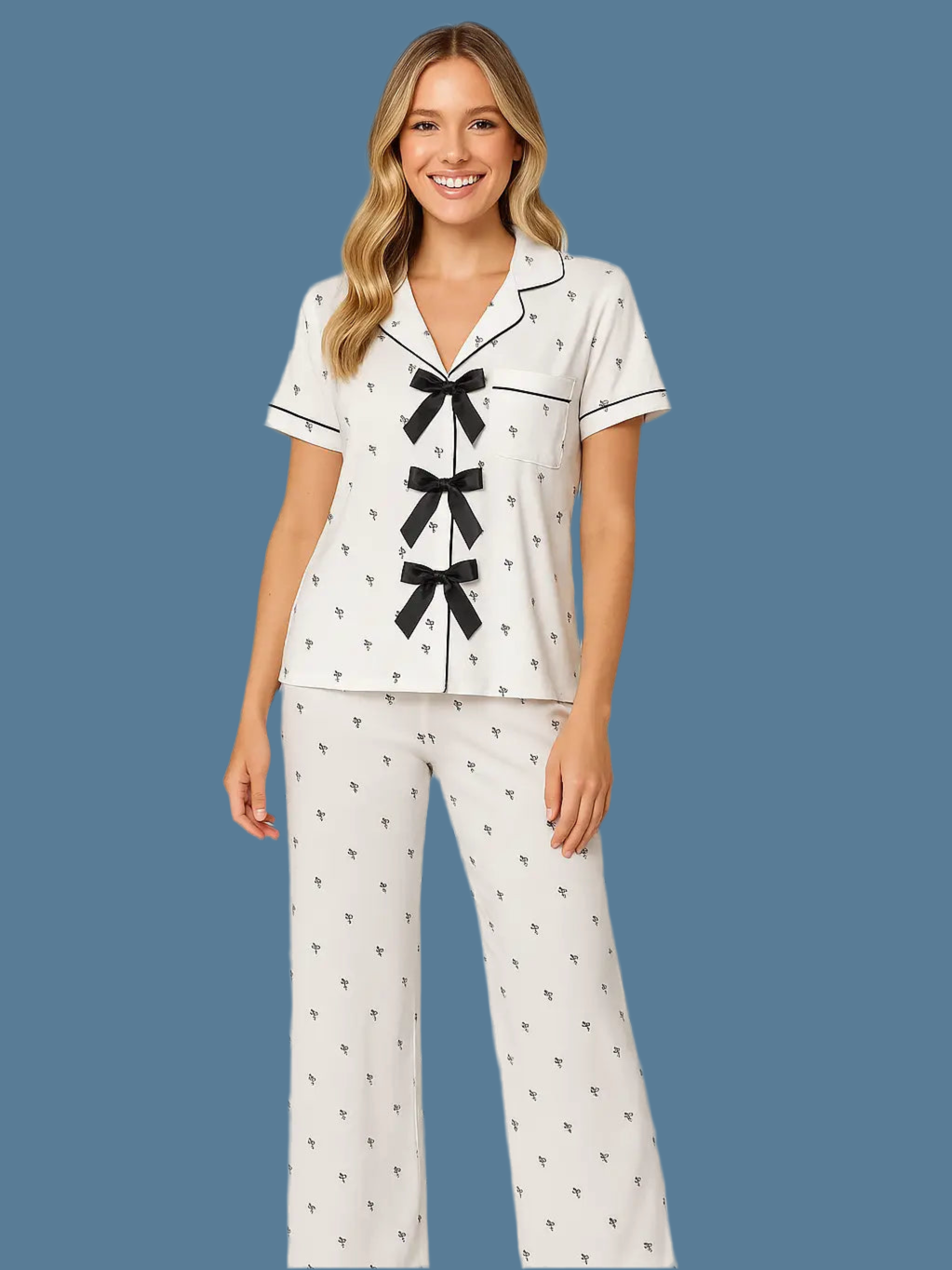 Pine Apparel Black and White Bow Pattern Pajama Set