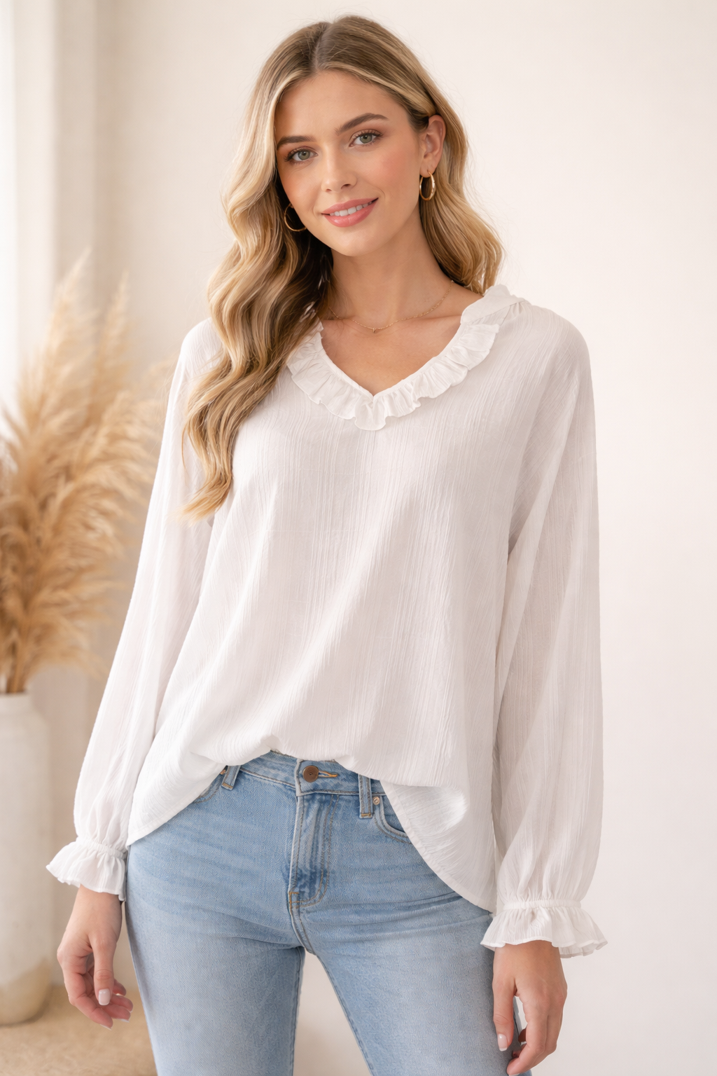 Jade White Ruffle Sleeve Blouse