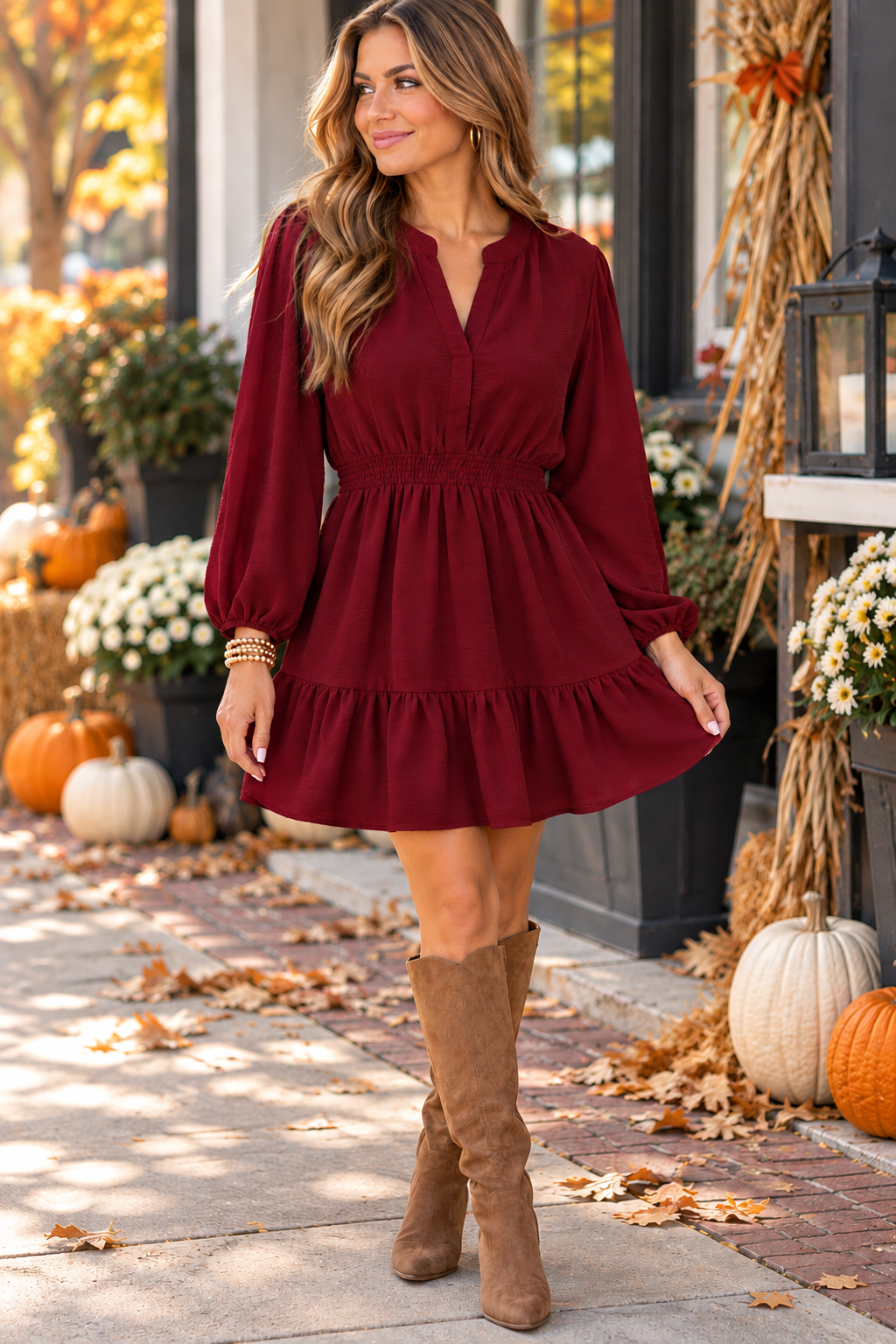 She + Sky Burgundy Long Sleeve Elastic Waist Woven Dress with Pockets