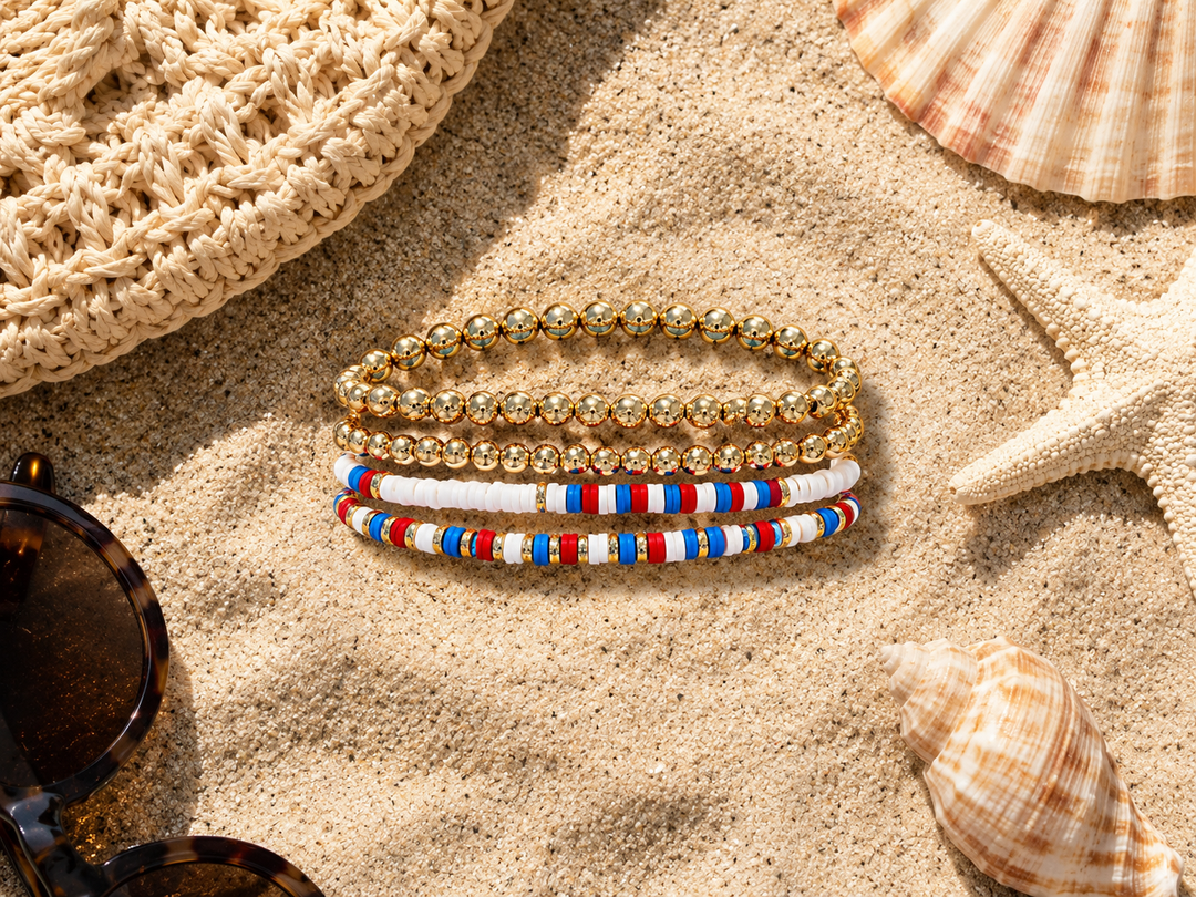 Set of 4 Red, White, & Blue Stretchy Bracelets with Gold Beads no
