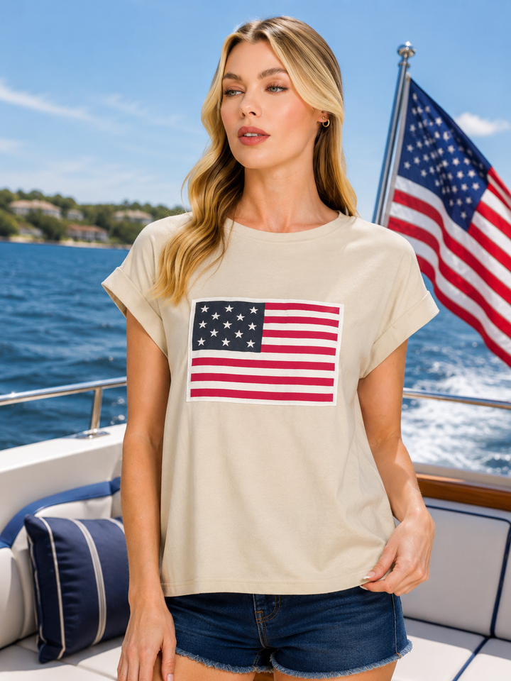 Zenana Sand Beige American Flag Tee