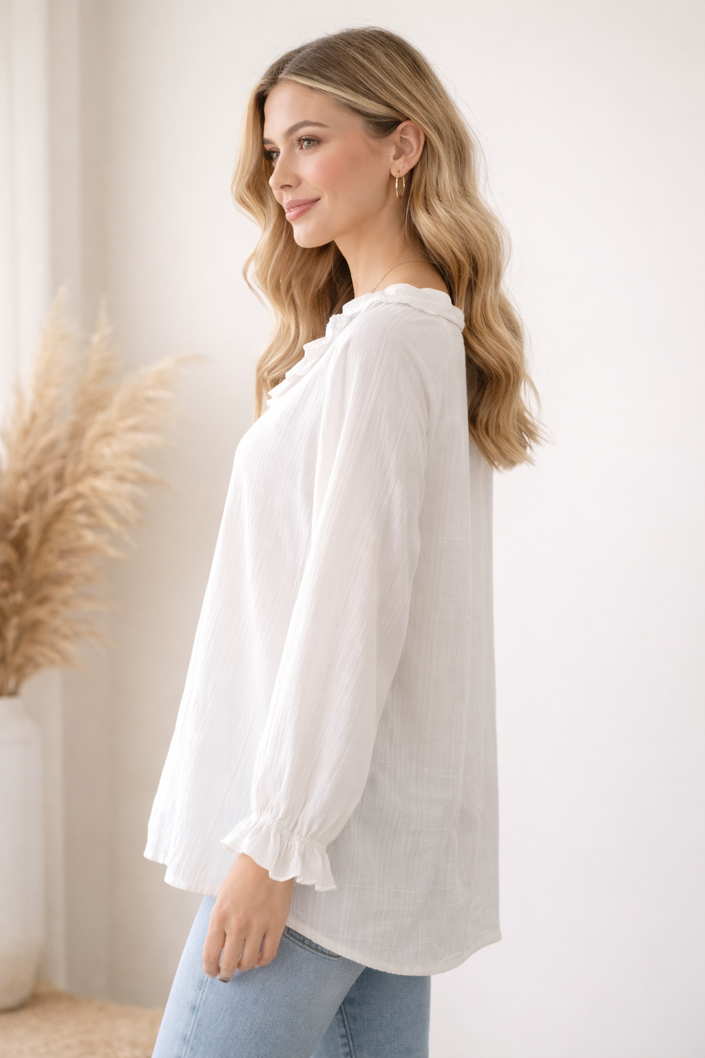 Jade White Ruffle Sleeve Blouse