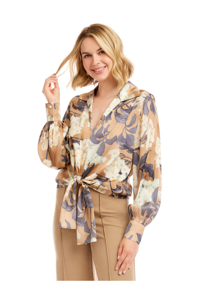 Karen Kane Blouson Sleeve Satin Tie-Front Top