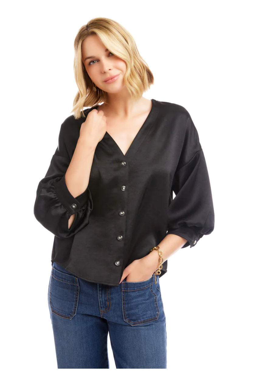 Karen Kane Black Lantern Sleeve Crystal Rhinestone Button Satin Top