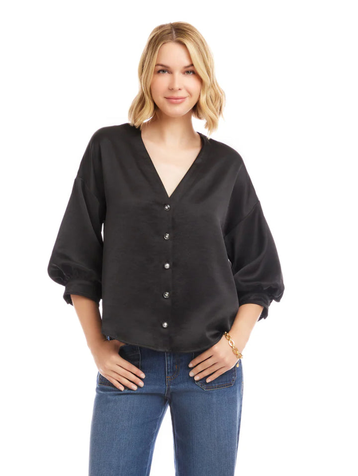 Karen Kane Black Lantern Sleeve Crystal Rhinestone Button Satin Top