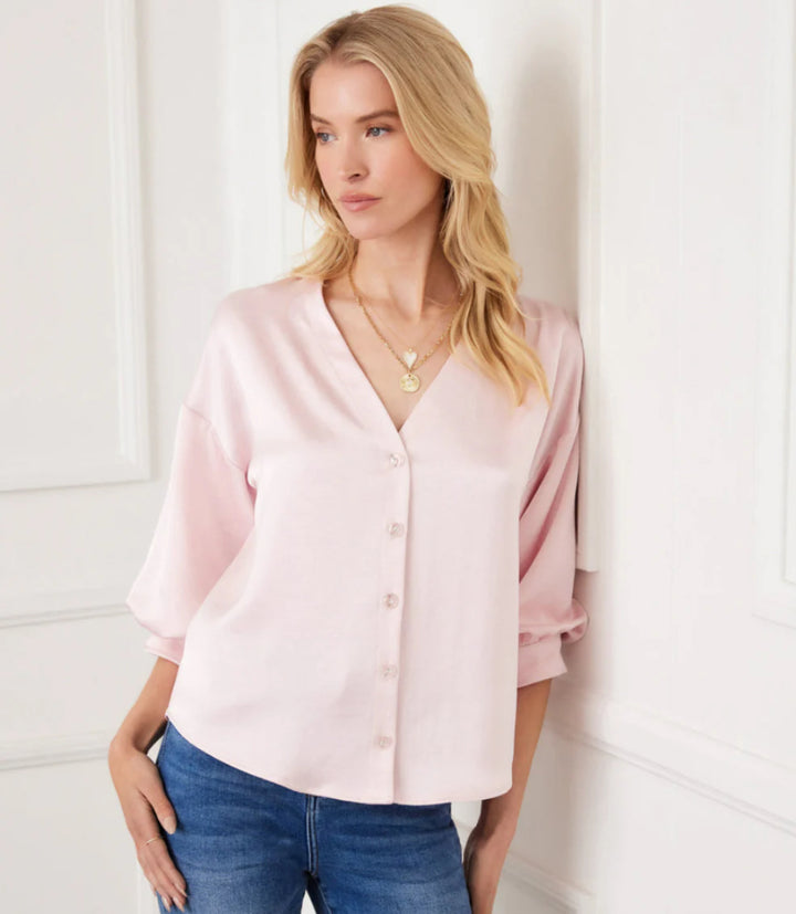 Karen Kane Lantern Sleeve Crystal Rhinestone Button Satin Top- Pink