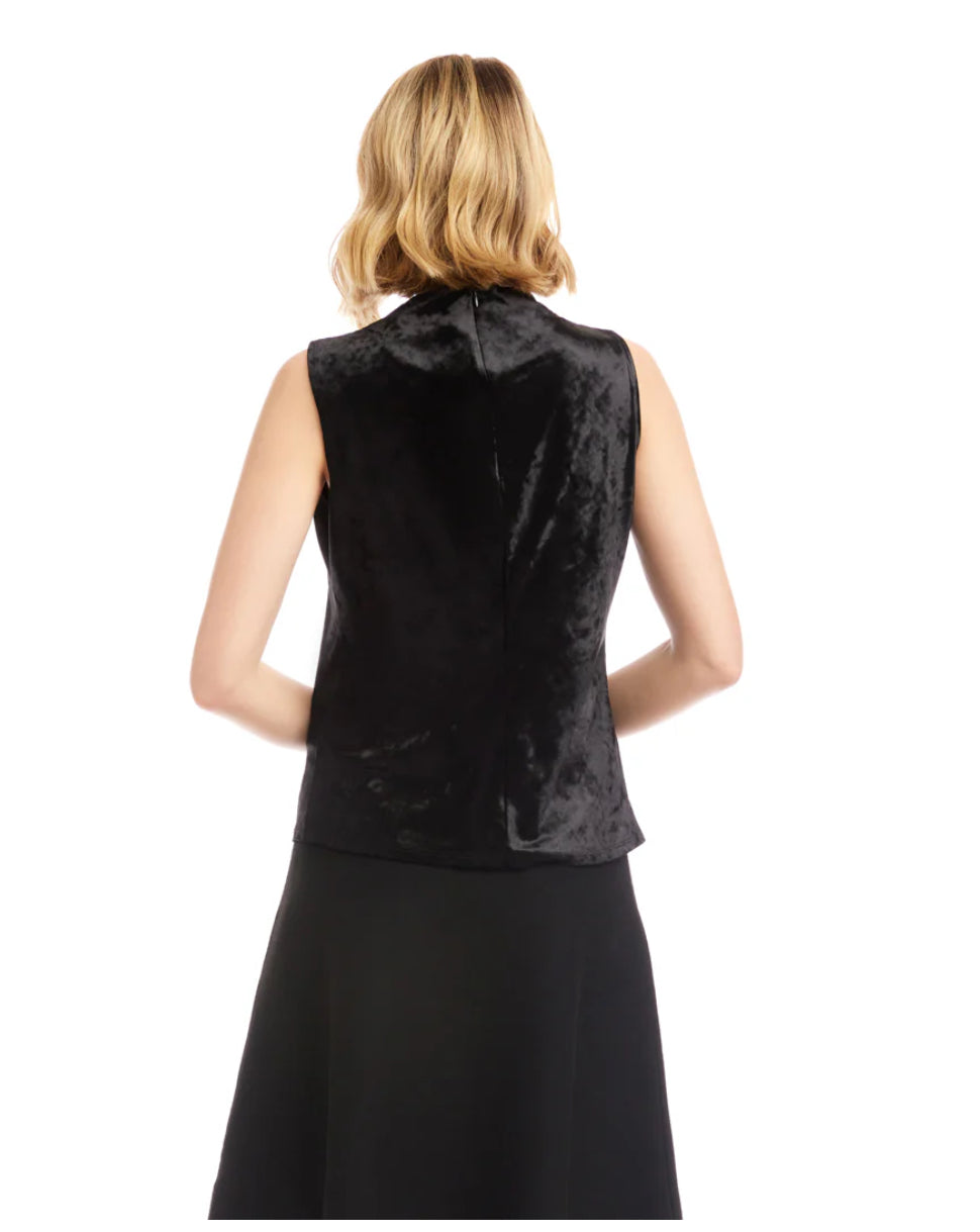 Karen Kane Black Sleeveless Crushed Velvet Drape Front Top