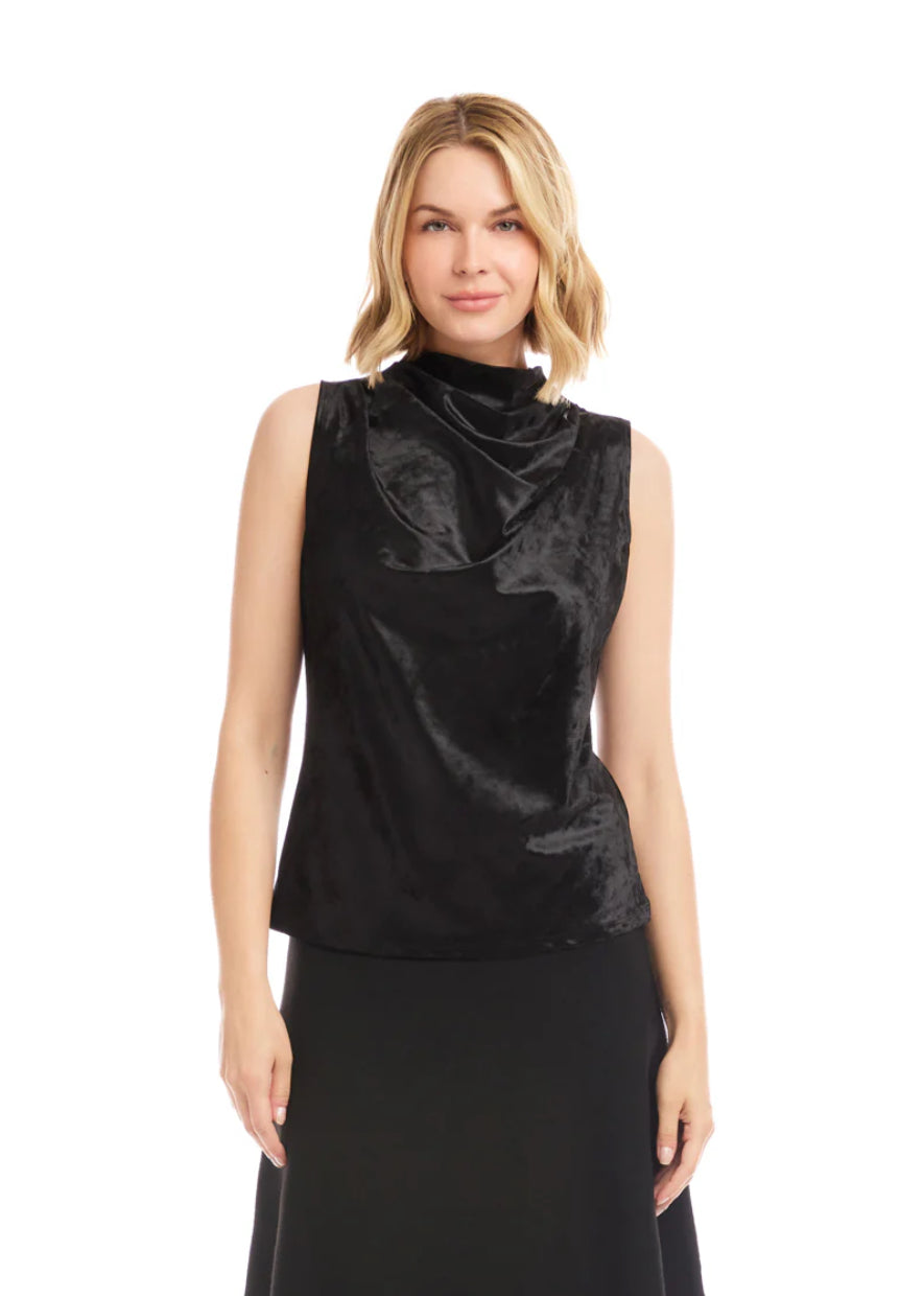 Karen Kane Black Sleeveless Crushed Velvet Drape Front Top