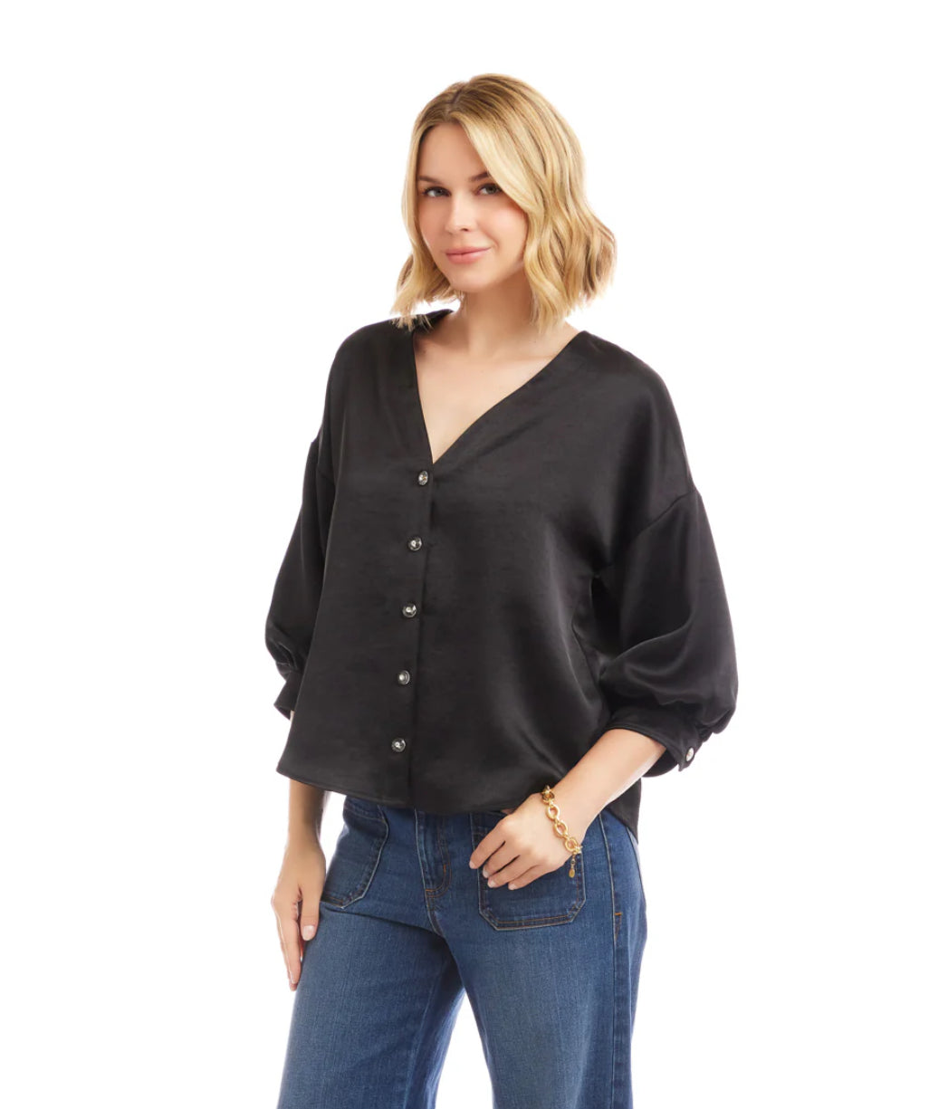 Karen Kane Black Lantern Sleeve Crystal Rhinestone Button Satin Top