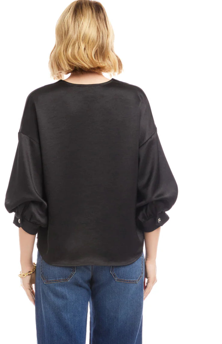 Karen Kane Black Lantern Sleeve Crystal Rhinestone Button Satin Top