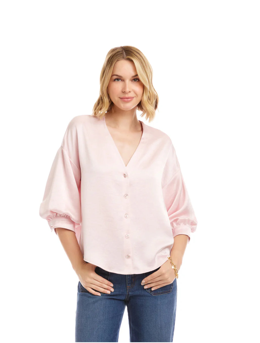 Karen Kane Lantern Sleeve Crystal Rhinestone Button Satin Top- Pink