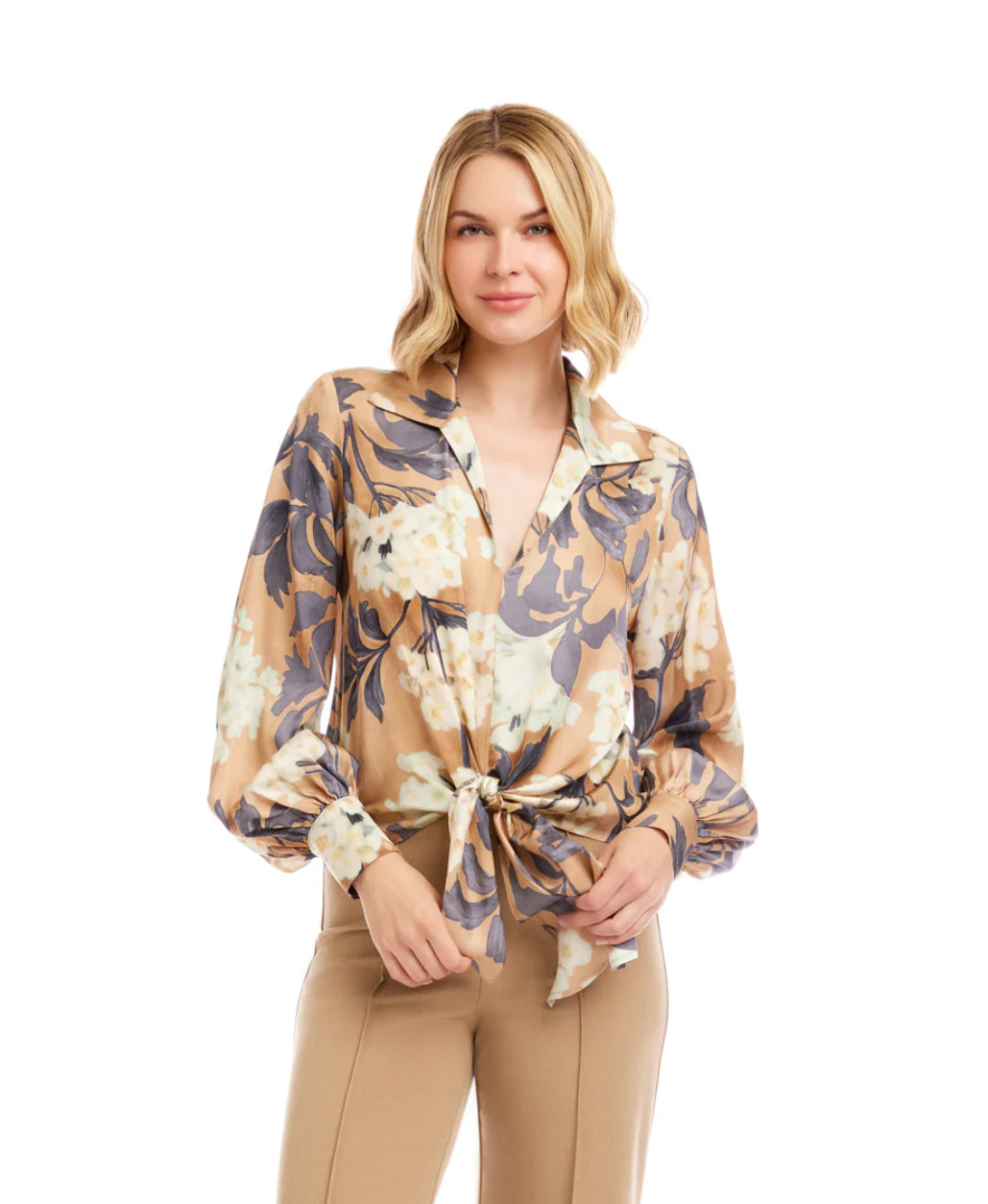 Karen Kane Blouson Sleeve Satin Tie-Front Top