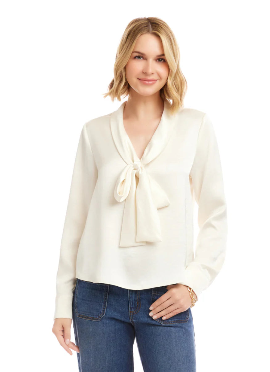 Karen Kane Cream Long Sleeve Satin Bow Top