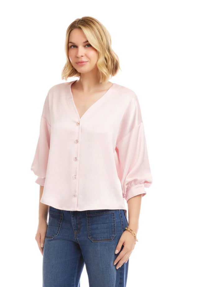 Karen Kane Lantern Sleeve Crystal Rhinestone Button Satin Top- Pink