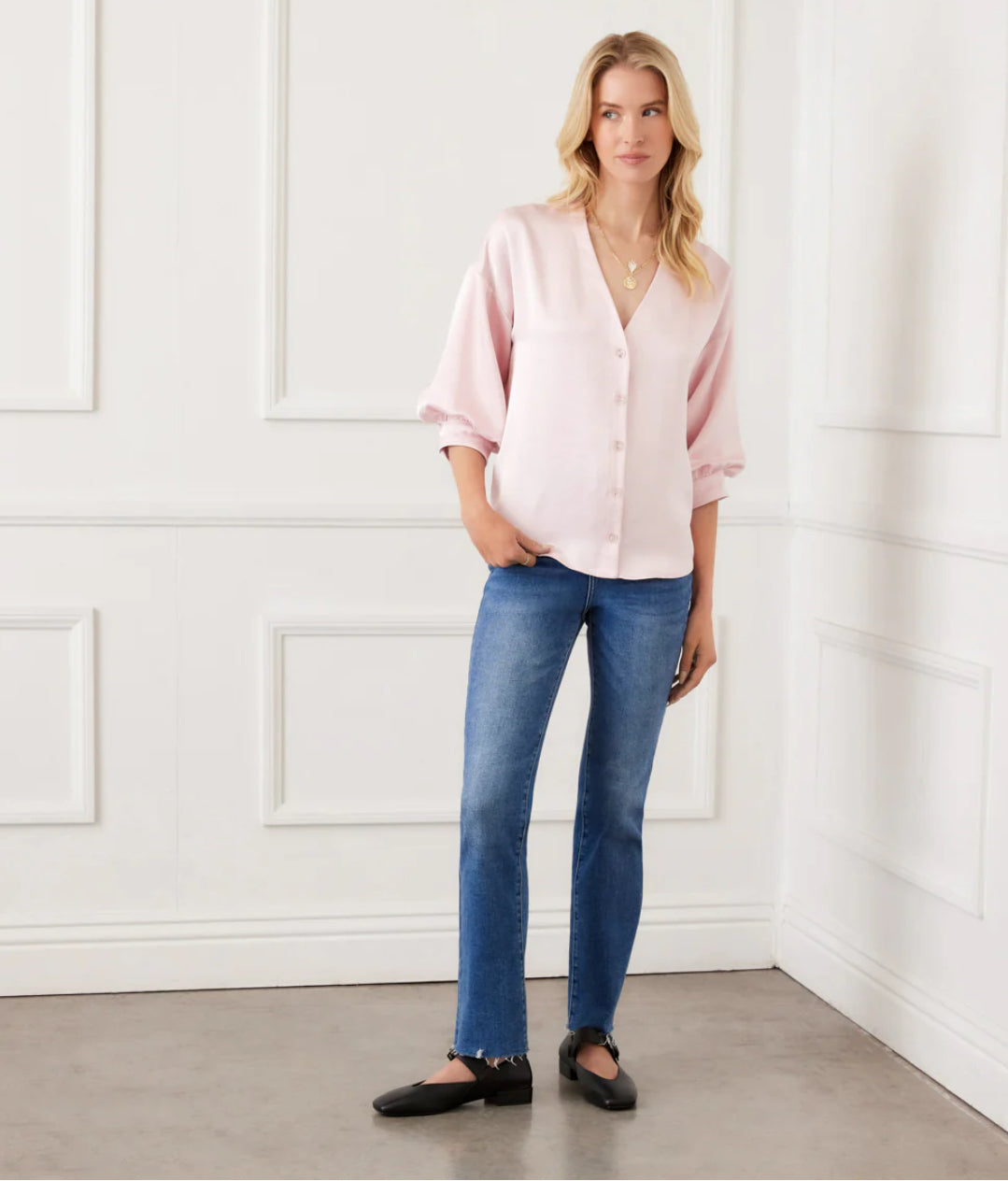 Karen Kane Lantern Sleeve Crystal Rhinestone Button Satin Top- Pink