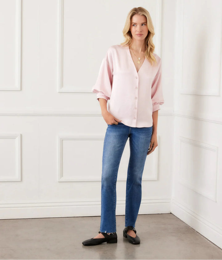 Karen Kane Lantern Sleeve Crystal Rhinestone Button Satin Top- Pink