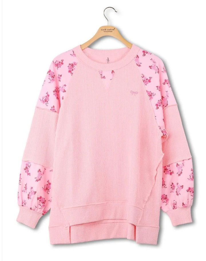 Simply Southern Pink Floral Patchwork Oversized Long Sleeve Shirt