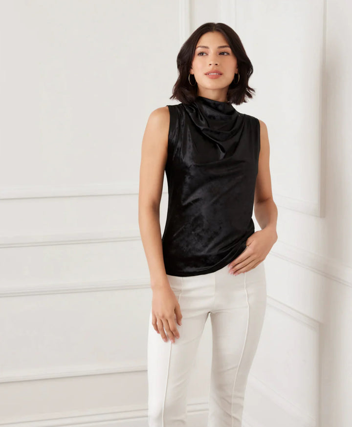Karen Kane Black Sleeveless Crushed Velvet Drape Front Top