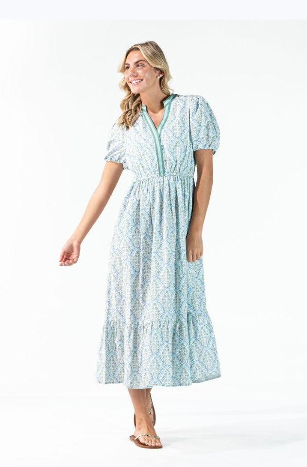 Simply Southern Prim Y-Neck Floral Design Maxi Dress