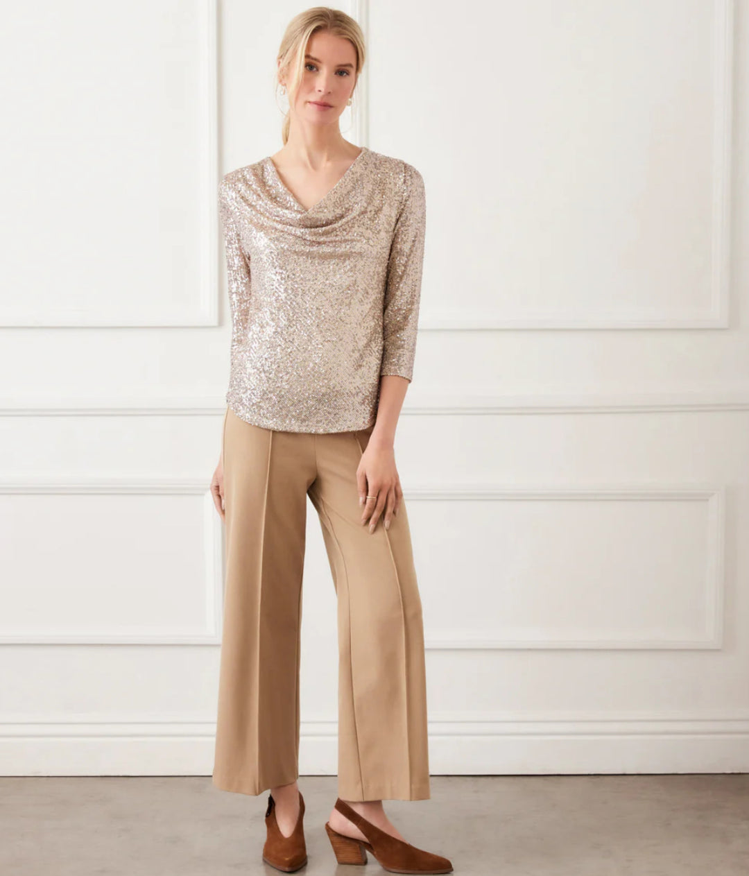 Karen Kane Cropped Pintuck Wide-Leg Pants- Camel