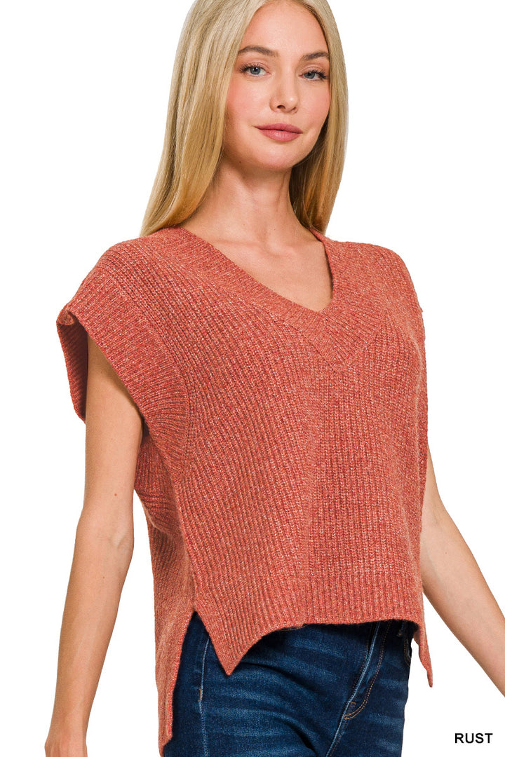 Zenana Oversize Sweater Vest With Side Slit- Rust