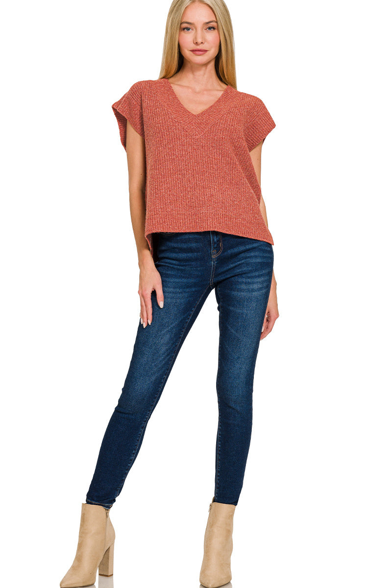 Zenana Oversize Sweater Vest With Side Slit- Rust