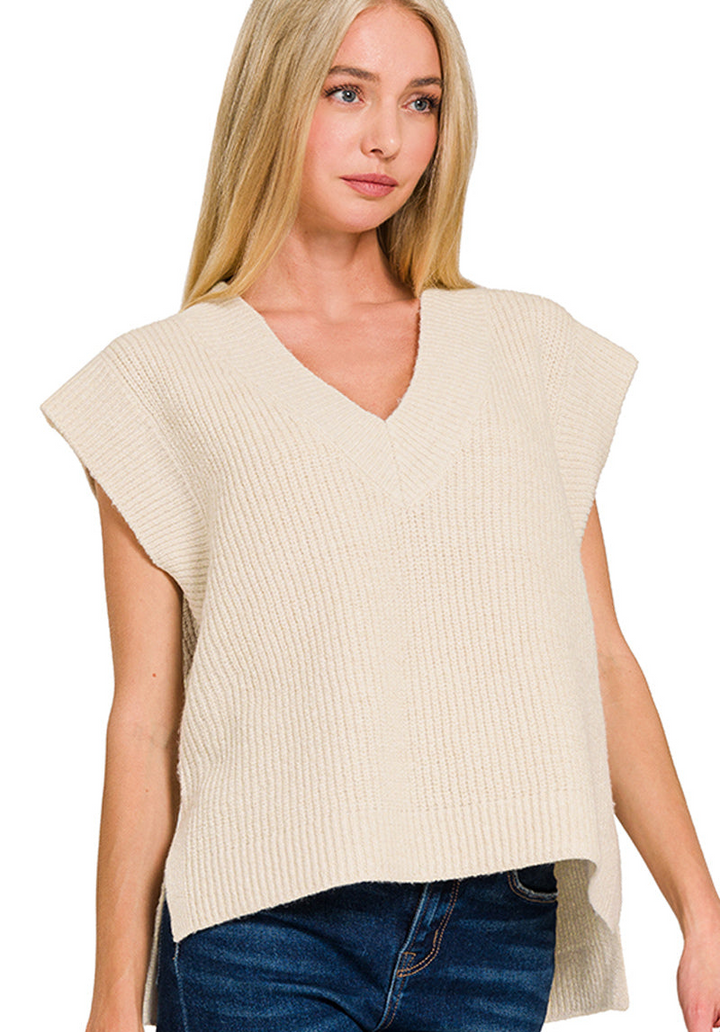 Zenana Oversize Sweater Vest With Side Slit- Cream