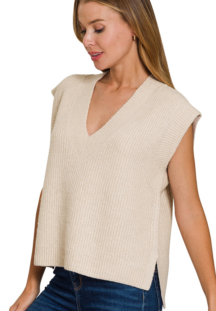 Zenana Oversize Sweater Vest With Side Slit- Cream