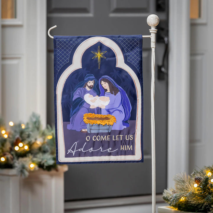 Evergreen Come Let Us Adore Him Applique Garden Flag