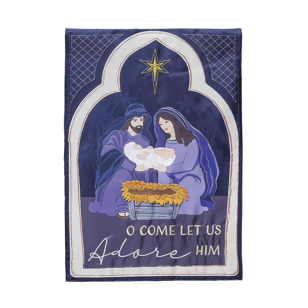 Evergreen Come Let Us Adore Him Applique Garden Flag