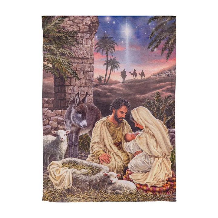Evergreen Brilliant Nativity Suede Garden Flag