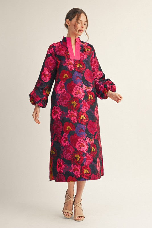 Jodifl Puff Sleeve Floral Midi Dress- Hot Pink Multi