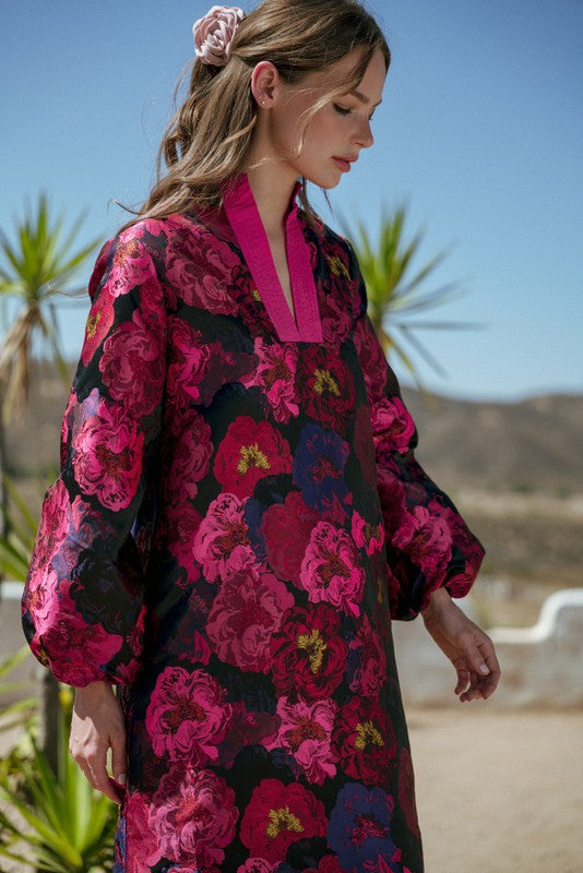 Jodifl Puff Sleeve Floral Midi Dress- Hot Pink Multi