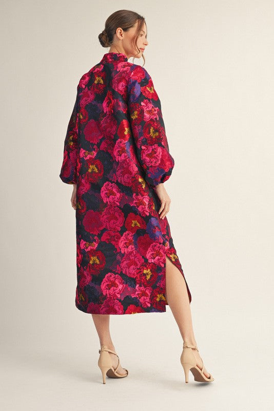 Jodifl Puff Sleeve Floral Midi Dress- Hot Pink Multi